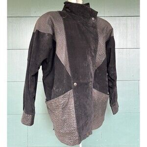 Vintage 80s Black Leather Suede Jacket Abstract Leopard Print Madonna Medium